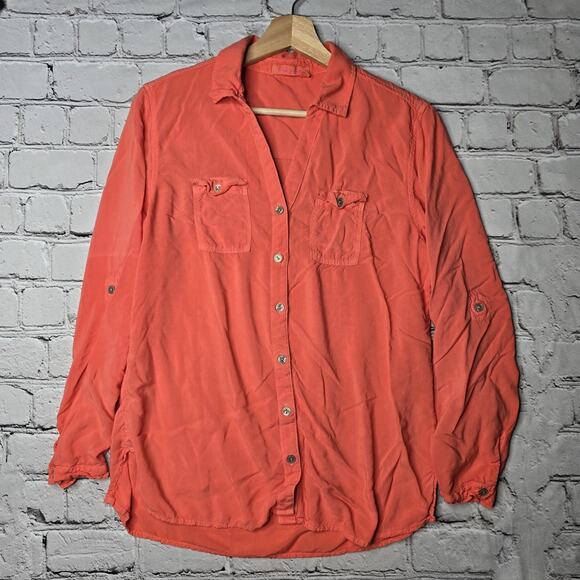 Fresh Produce Coral Orange Long Sleeve Button Up Blouse Size Large - Picture 1 of 10